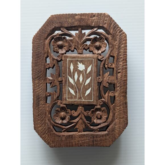 Vintage Hand-Carved Indian Wood Trivet / Decorative Stand with Inlay - Picture 1 of 4